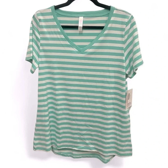 NWT LuLaRoe Christy green & white striped V neck high low t-shirt size medium - Picture 1 of 6